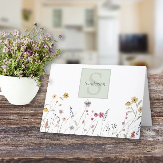 Monogrammed Waterverf Wildflower Bedankkaart