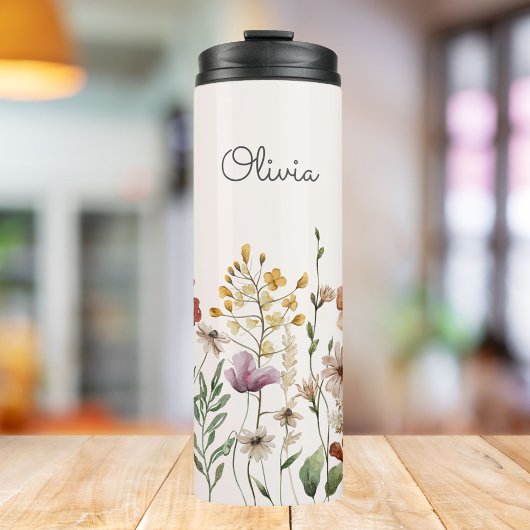 Monogrammed Waterverf Wildflower  Bloemen Thermosbeker