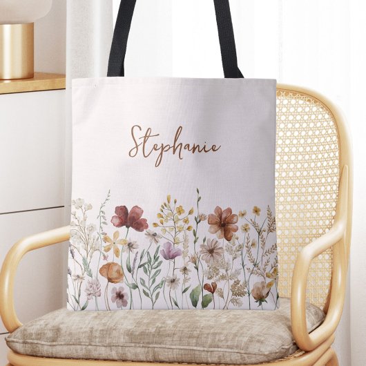 Monogrammed Waterverf Wildflower  Bloemen Tote Bag