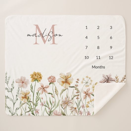 Monogrammed Waterverf Wildflower Floral Milestone Sherpa Deken (Voorkant (horizontaal))