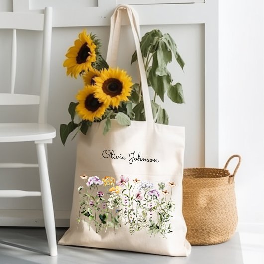 Monogrammed Waterverf Wildflower Garden Tote Bag