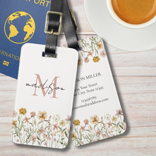 Monogrammed Waterverf Wildflower Meadow Floral Bagagelabel