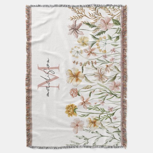 Monogrammed Waterverf Wildflower Meadow Floral Deken (Voorkant Verticaal)