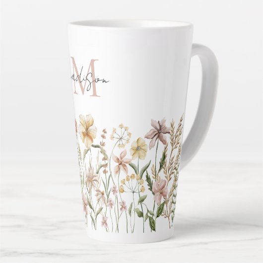 Monogrammed Waterverf Wildflower Meadow Floral Latte Mok (Rechterhoek)