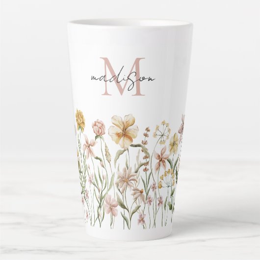 Monogrammed Waterverf Wildflower Meadow Floral Latte Mok (Voorkant)