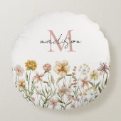 Monogrammed Waterverf Wildflower Meadow Floral Rond Kussen (Voorkant)