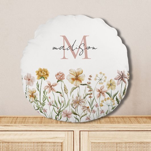 Monogrammed Waterverf Wildflower Meadow Floral Rond Kussen