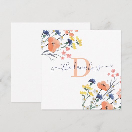 Monogrammed Waterverf Wildflower Square Kaart (Voorkant / Achterkant)