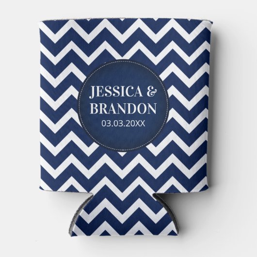 Monogrammed White & Blue Geometric Zigzag Chevron Blikjeskoeler (Voorkant)