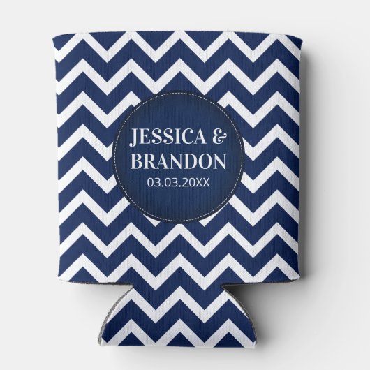 Monogrammed White & Blue Geometric Zigzag Chevron Blikjeskoeler (Achterkant)