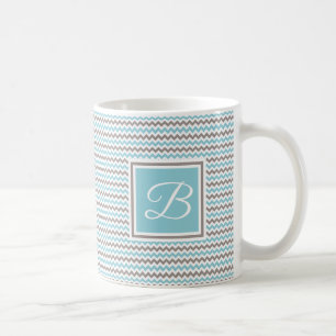 Monogrammed White Blue Gray Chevron Koffiemok