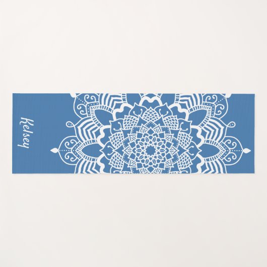 Monogrammed White & Blue Mandala Pattern Yoga Mat (Voorkant (horizontaal))