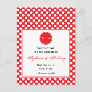 Monogrammed White en Red Polka Dot Save the Date Aankondigingskaart