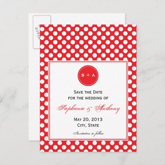 Monogrammed White en Red Polka Dot Save the Date Aankondigingskaart (Voorkant / Achterkant)