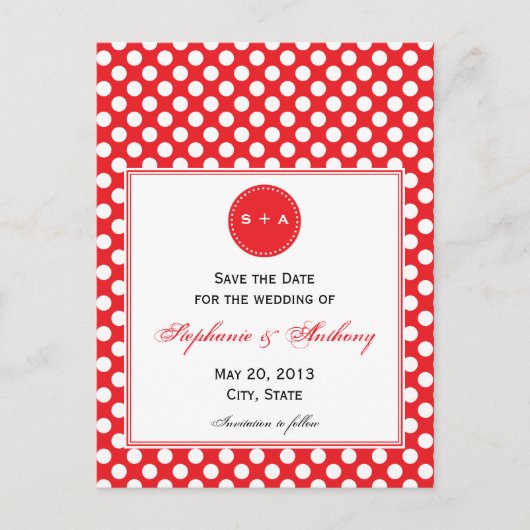 Monogrammed White en Red Polka Dot Save the Date Aankondigingskaart (Voorkant)