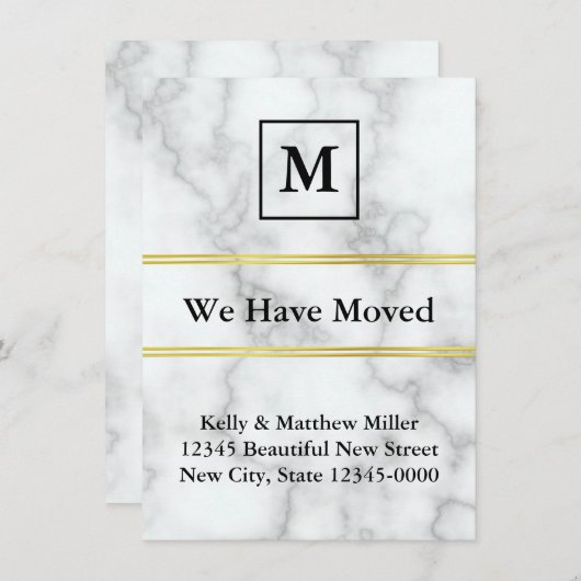 Monogrammed White Marble Search Moving Announding Aankondiging (Voorkant / Achterkant)