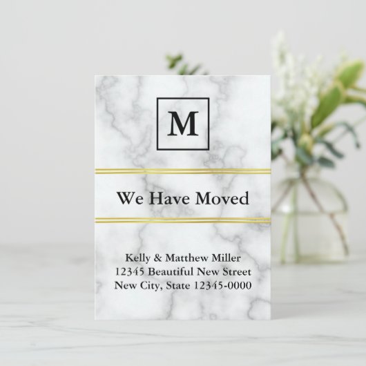 Monogrammed White Marble Search Moving Announding Aankondiging (Staand voorkant)