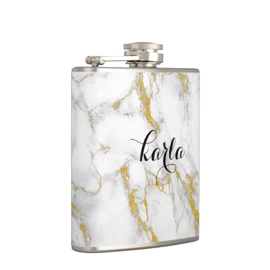 Monogrammed White Marble Stone Gold Accent Heupfles (Rechts)