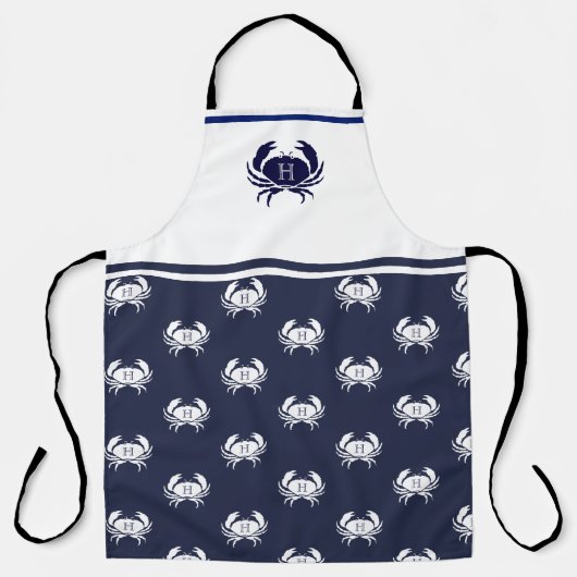 Monogrammed White Navy Blue Crab Nautical Schort (Voorkant)