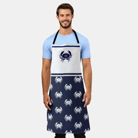 Monogrammed White Navy Blue Crab Nautical Schort (Gedragen)