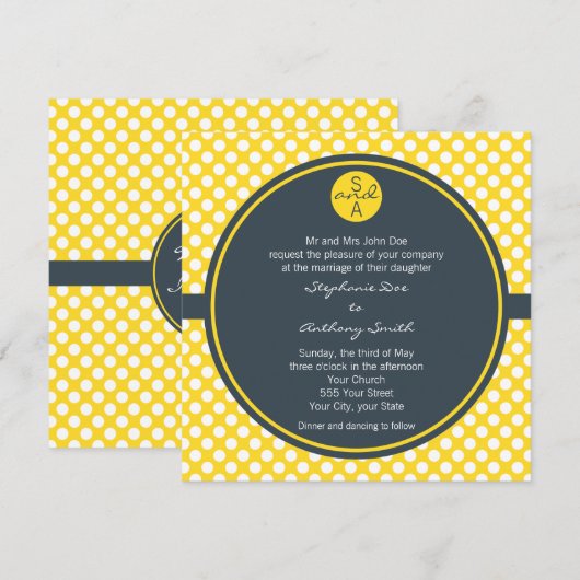 Monogrammed White, Yellow and Charcoal Polka Dot Kaart (Voorkant / Achterkant)