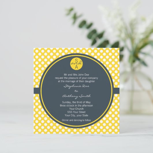 Monogrammed White, Yellow and Charcoal Polka Dot Kaart (Staand voorkant)