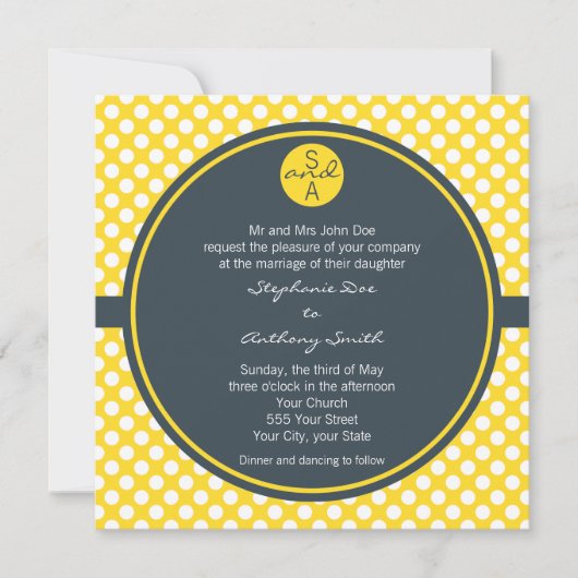 Monogrammed White, Yellow and Charcoal Polka Dot Kaart (Voorkant)