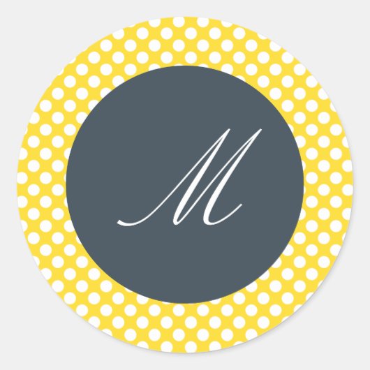 Monogrammed White, Yellow and Charcoal Polka Dot Ronde Sticker (Voorkant)