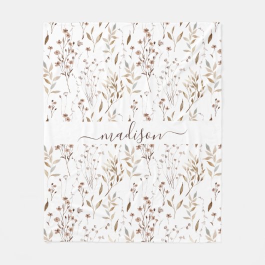 Monogrammed Winter Bruin Gedroogde Bloem en Blader Fleece Deken (Voorkant)