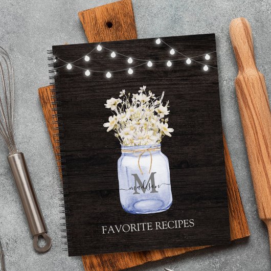 Monogrammed Witte Daisy Bloem Zwart Houten Recept Notitieboek