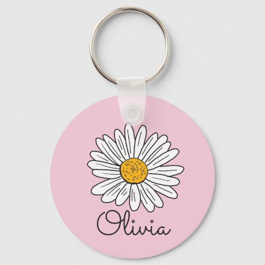 Monogrammed Witte Daisy Floral Sleutelhanger (Voorkant)