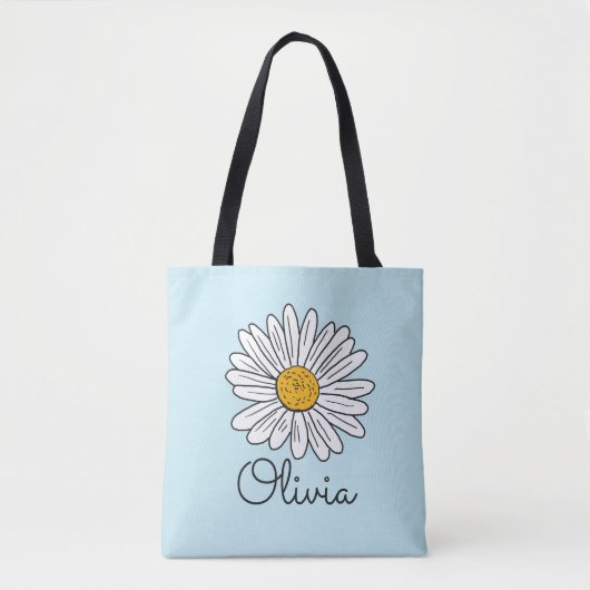 Monogrammed Witte Daisy Floral Tote Bag (Voorkant)
