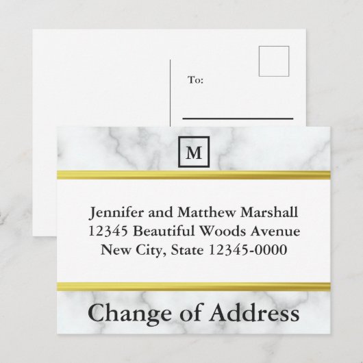 Monogrammed Witte Marmer Kijk Verandering van Adre Aankondigingskaart (Voorkant / Achterkant)