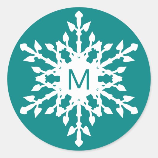 Monogrammed Witte Sneeuwvlok op Blauwgroen Ronde Sticker (Voorkant)