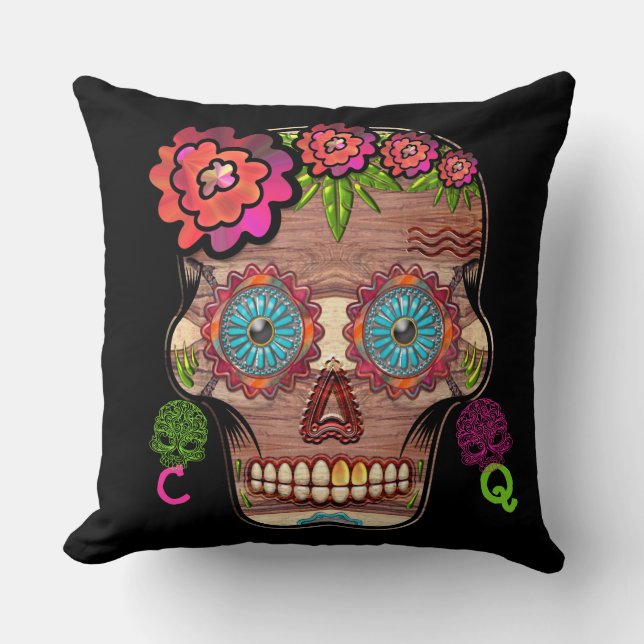 Monogrammed Woodie Sugar Skull Kussen (Voorkant)
