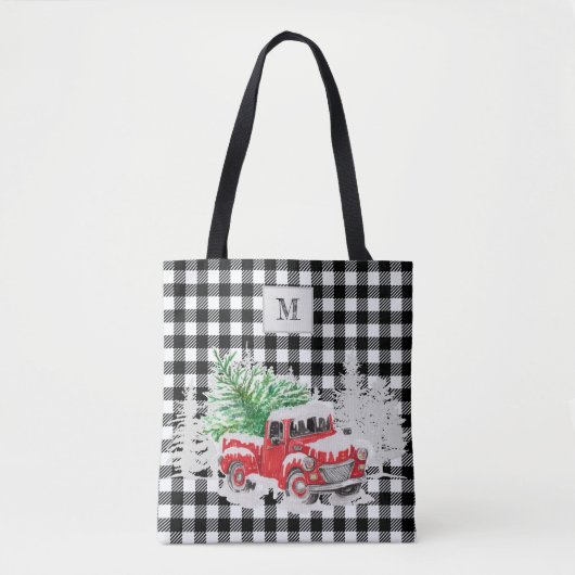 Monogrammed Xmas red truck buffalo zwart Tote Bag (Voorkant)