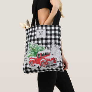 Monogrammed Xmas red truck buffalo zwart Tote Bag