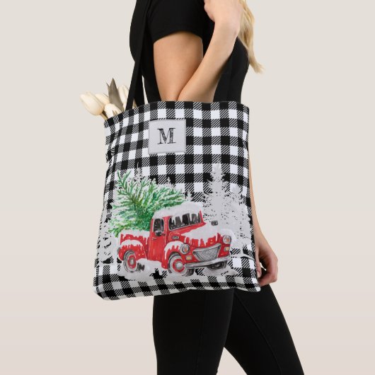 Monogrammed Xmas red truck buffalo zwart Tote Bag (Dichtbij)