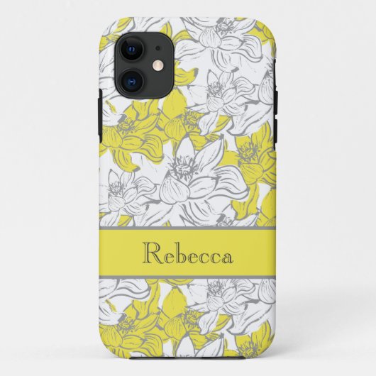 Monogrammed Yellow and Grey Floral Case-Mate iPhone Case (Achterkant)