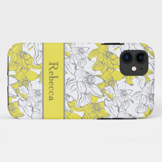 Monogrammed Yellow and Grey Floral Case-Mate iPhone Case (Achterkant (horizontaal))