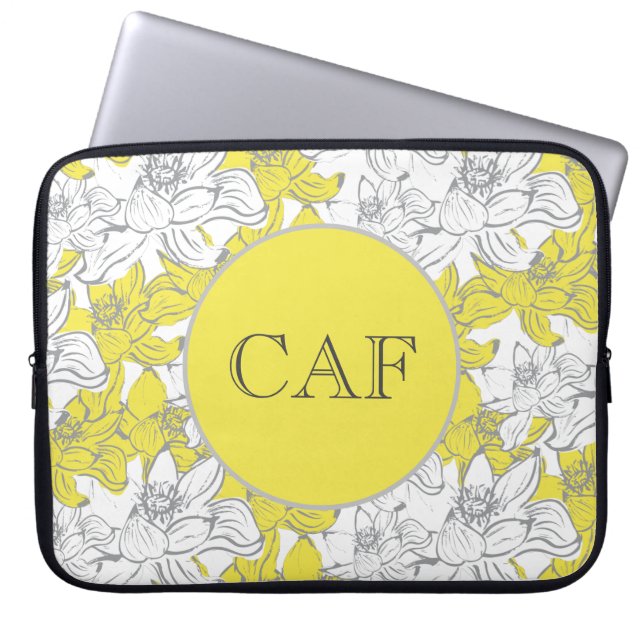 Monogrammed Yellow and Grey Floral Laptop Sleeve (Voorkant)