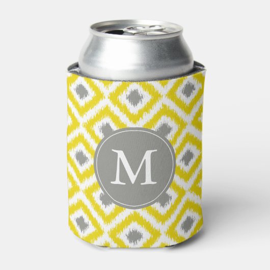 Monogrammed Yellow and Grey Ikat Diamonds Pattern Blikjeskoeler (Blikje Voorkant)