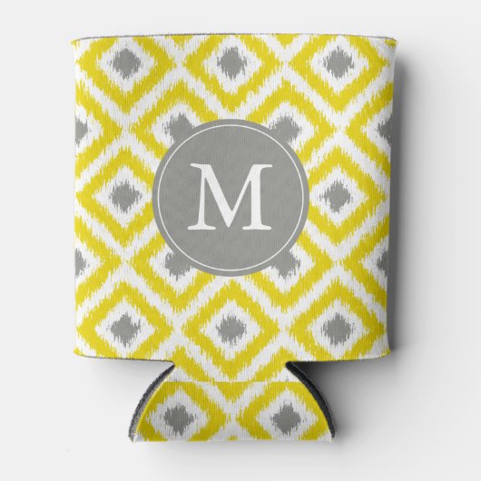 Monogrammed Yellow and Grey Ikat Diamonds Pattern Blikjeskoeler (Voorkant)