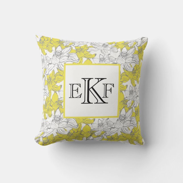 Monogrammed Yellow and Grey White Floral Kussen (Voorkant)