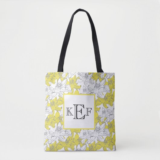 Monogrammed Yellow and Grey White Floral Tote Bag (Voorkant)