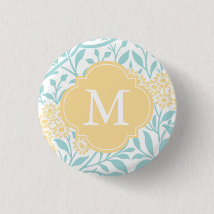 Monogrammed Yellow Aqua Floral Damask Pattern Ronde Button 3,2 Cm