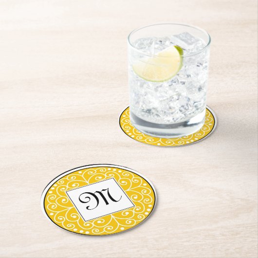 Monogrammed Yellow Black White Swirls Pattern Ronde Kartonnen Onderzetter (Insitu)