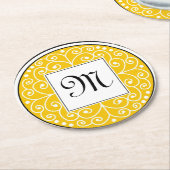 Monogrammed Yellow Black White Swirls Pattern Ronde Kartonnen Onderzetter (Gebogen)