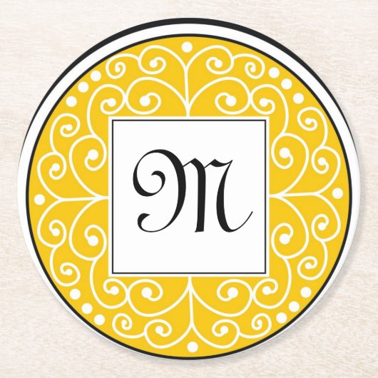 Monogrammed Yellow Black White Swirls Pattern Ronde Kartonnen Onderzetter (Voorkant)