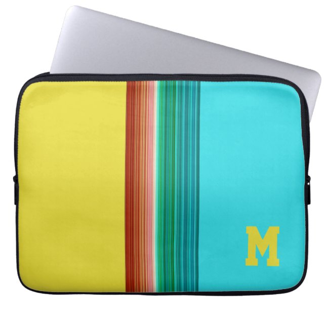 Monogrammed Yellow Blue Multicolor Striped Pattern Laptop Sleeve (Voorkant)